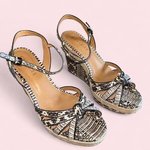 Coach Black and Tan Patterned Wedge Sandals